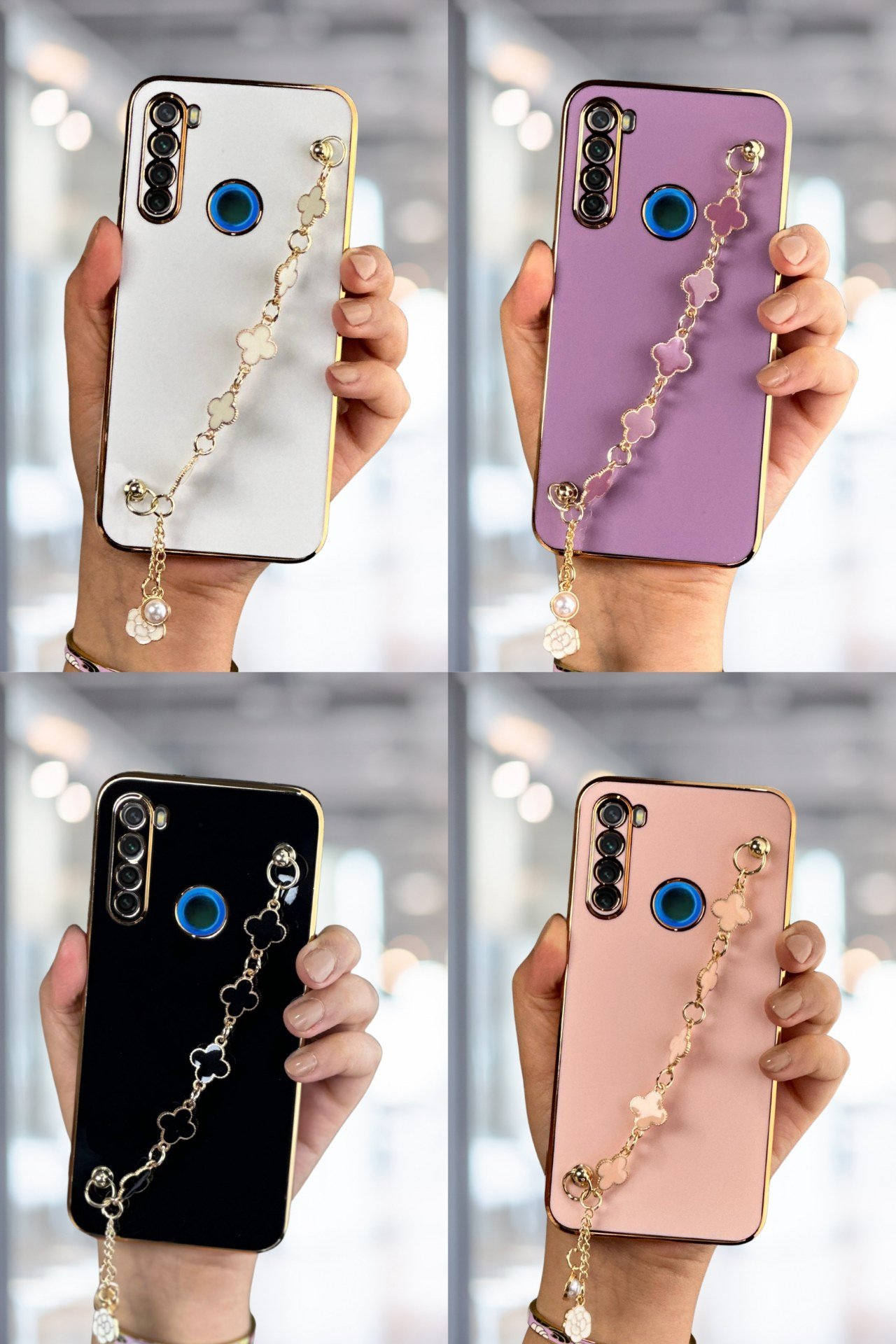 Redmi Note 8 Kılıf Lüks Yonca Zincir Askılı Gold Çerçeveli Elçek Kadın Telefon Kapak