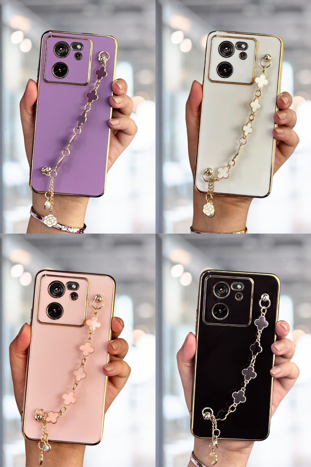 Mi13T Pro Kılıf Lüks Yonca Zincir Askılı Gold Çerçeveli Elçek Kadın Telefon Kapak